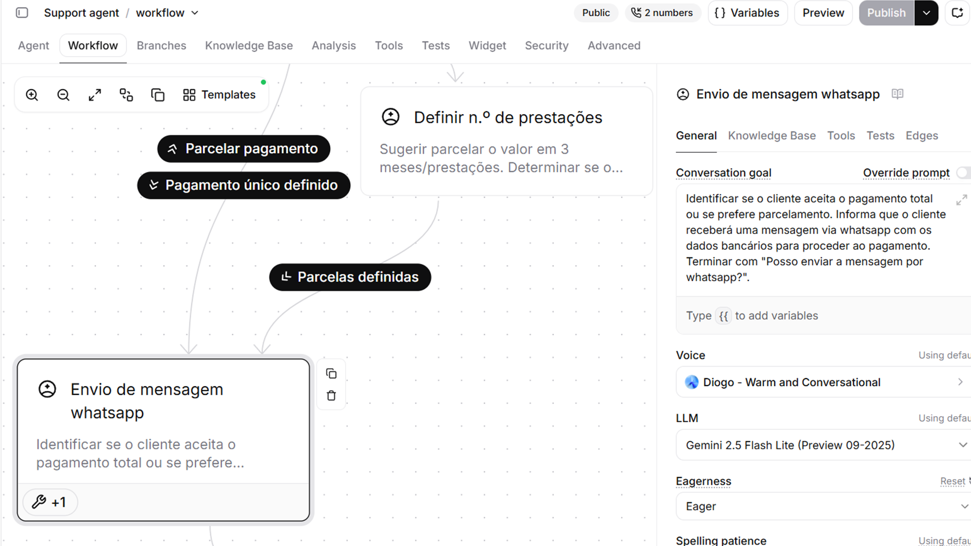 ElevenLabs voice agent workflow with tools and branching